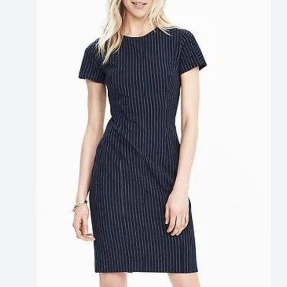 Banana Republic Navy Blue Pinstripe Sheath Dress Short Sleeve Size 4 - Picture 11 of 11